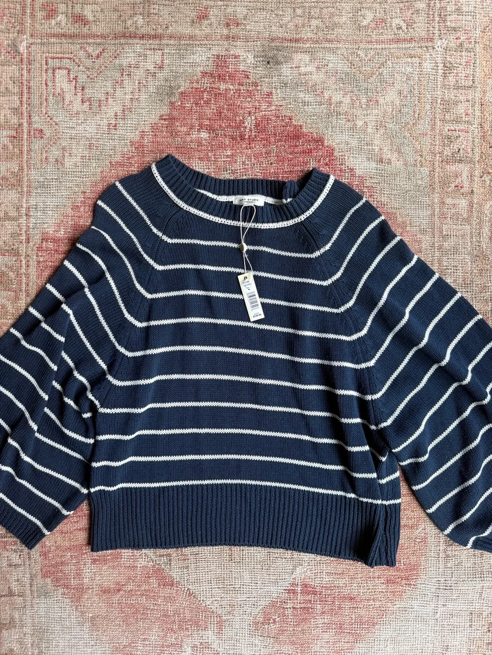 Max Studio Navy & White Striped Crewneck Pullover